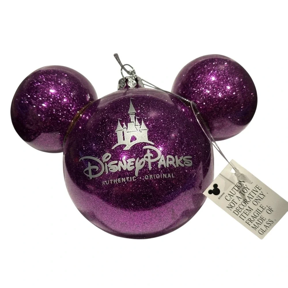 RARE Disney Parks‎ Mickey Icon Ears Glittery Glitter Glass Ball Purple Ornament